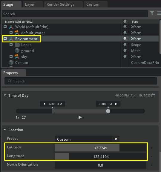 Cesium for Omniverse Dynamic Skies and Sun Study tutorial: In the Stage, select the Environment prim to configure the sun study location values. 